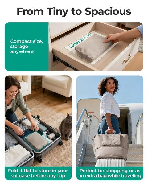 Foldable 37L Travel Bag That Expands Into A Spacious Weekender For Women, shown folded in a drawer, packed in luggage and carried up stairs.