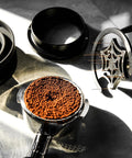 Hella Smooth 58mm Wdt Distribution Tool For Espresso Bars Featuring Ten Adjustable Needles Walnut Grip Dosing Funnel And Stand To Break Clumps And Nail That Daily Shot Like A Pro with coffee grounds and tools.