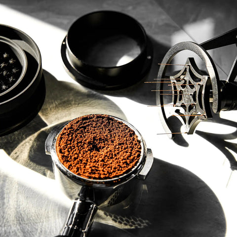 Hella Smooth 58mm Wdt Distribution Tool For Espresso Bars Featuring Ten Adjustable Needles Walnut Grip Dosing Funnel And Stand To Break Clumps And Nail That Daily Shot Like A Pro with coffee grounds and tools.