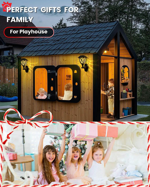 Playhouse with Solar Wall Lanterns Two Pack, Waterproof Decorative Solar Powered Lights For Playhouses, warm white glow at night.