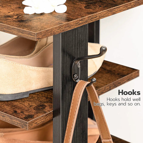 8-Tier Vertical Wooden Shoe Rack With Hooks Space Saving Narrow Shoe Tower That Holds 8 Pairs For Entryway, close-up on hooks
