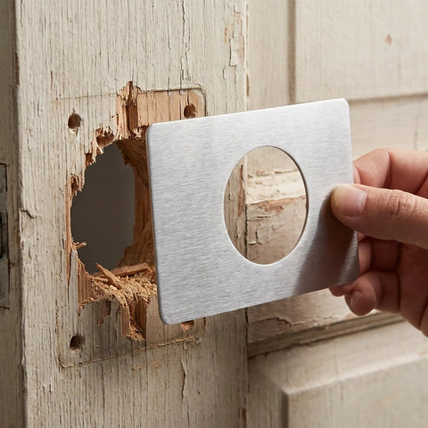 Top Grade Stainless Steel Door Lock Reinforcer Plates With Easy Install Adhesive Backing Perfect For Fixing Shaky Handles And Deadbolts While Boosting Home Security Plus Adding A Nice Decor Touch Without Screws Needed At All, stainless steel plate on damaged wooden door