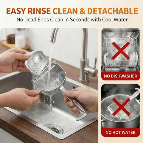 Heavy Duty Manual Lime Squeezer For Lemons Oranges & Grapefruits Large Citrus Juicer being rinsed in sink.