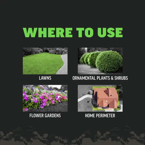 Image showing four areas for Quick Kill Lawn Insect Killer Granules 10 Lb Black Label use: lawns, ornamental plants, gardens, home perimeter.