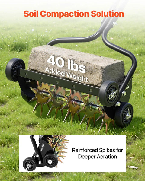 18 Inch Manual Push Spike Aerator With Four Wheels For Lawn Health, Rolling Lawn Aerator Tool Designed To Deepen Penetration, Supports Up To 40 Lb Added Weight on grass