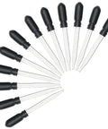 Straight Up Glass Medicine Droppers For Ear And Eye Care, 1 Milliliter Precision Pipettes, Solid 12 Pack Dosage Applicators arranged in a circle.