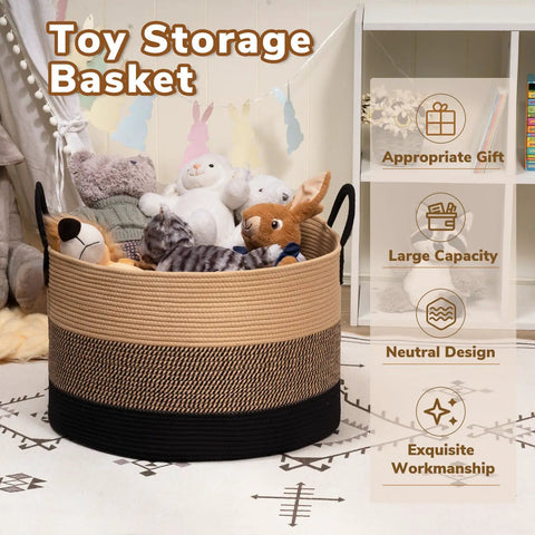 XXXLarge Woven Rope Basket For Blankets And Pillows With Long Handles Oversized Cotton Rope Basket in a nursery room.