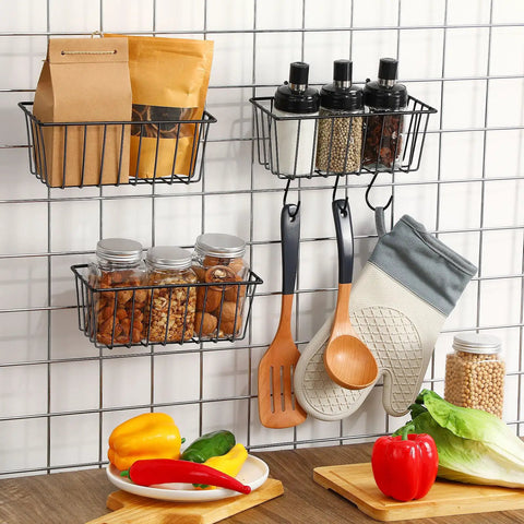 Dope Grid Wall Organizer Set With 3 Black Metal Mesh Baskets, 6 Plastic Hanging Cups, 18 S Hooks And Mounting Hardware in kitchen