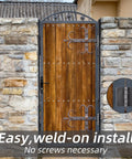 Heavy Duty Weldable Steel Butt Hinges 3 Inch Set Of 6 Rust Resistant Black Finish 12 Gauge Built Tough For Gates Doors Trailers Long Lasting And Easy Install. Weld-on hinge on wooden gate with inset close-up