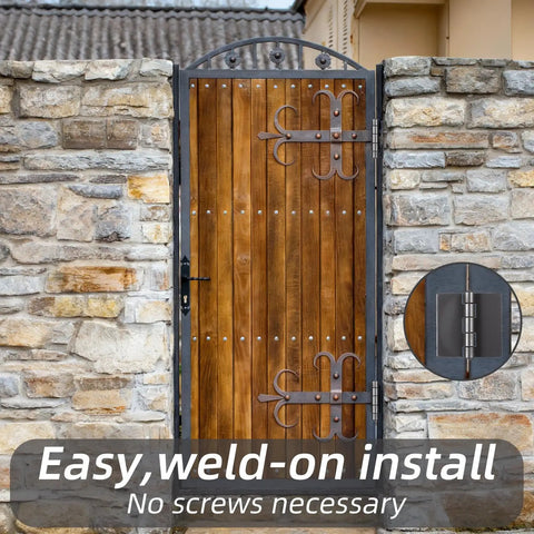 Heavy Duty Weldable Steel Butt Hinges 3 Inch Set Of 6 Rust Resistant Black Finish 12 Gauge Built Tough For Gates Doors Trailers Long Lasting And Easy Install. Weld-on hinge on wooden gate with inset close-up