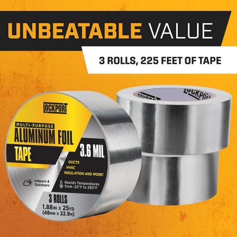 Heavy Duty Aluminum Foil Tape 2 Inch By 225 Feet Pack Of 3 For HVAC Duct Sealing shown in foil rolls packaging