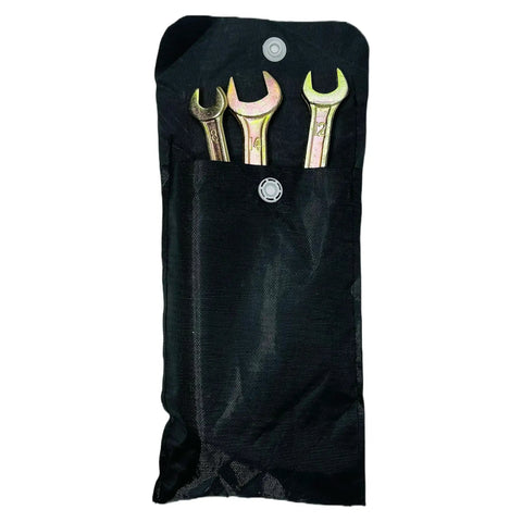 7 Piece Universal Motorcycle Repair Tool Kit with Travel Bag showing spark plug wrenches in a black carrier