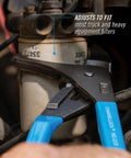 Adjustable Oil Filter Pliers 15 Inch with Six Position Slip Joint on filter with blue grips, heavy duty tool for auto maintenance