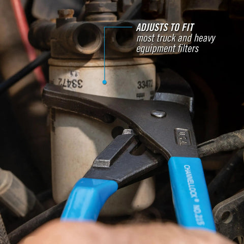 Adjustable Oil Filter Pliers 15 Inch with Six Position Slip Joint on filter with blue grips, heavy duty tool for auto maintenance