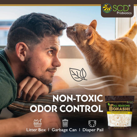 Dry Bokashi Bran Compost Starter For Kitchen And Outdoor Bins 2 Lbs Pack shown with man and orange cat, low odor control.