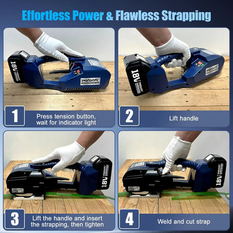 Pro Electric Strapping Machine For One Half To Five Eight Inch Pet Straps Portable Auto Tensioning Box Sealer in use steps shown.