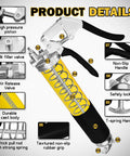14oz Capacity Grease Gun Kit With 7000 PSI Leakproof Spray showing handle, piston, rubber grip, and 18 Inch Spring Hose details