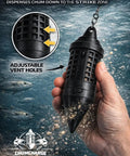 Hand holding Scent Disperser For Fishing With Adjustable Flow Control And Weighted Sinker Design above water surface
