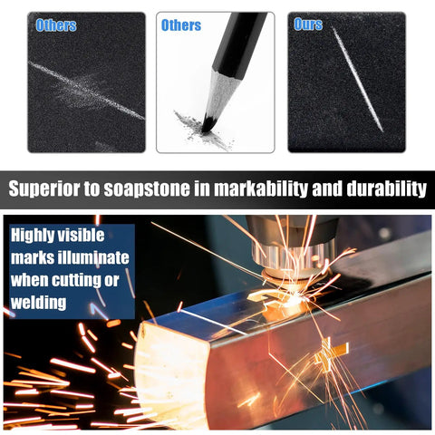 Comparison of welders pencil set and traditional soapstone marking, highlighting durability and visibility on metal surfaces