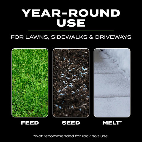 Image showing uses of hand powered spreader for grass seed, lawn fertilizers, salt, and ice melt applications.