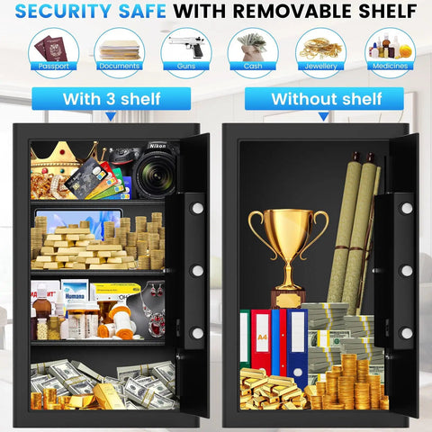 Image showing a huge 6.0 cuft home safe box with fireproof waterproof bag digital security safe with programmable keypad, displaying valuables, documents, and a removable shelf option for flexible storage.