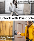 Woman using Keyless Entry Electronic Deadbolt Lock With Keypad Black 50 User Codes Alarm Auto Lock for home security