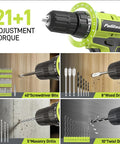 Smooth Operator 20V Cordless Drill Driver With 199 Piece Power Tool Set showing 21+1 adjustment torque and various drill bits.