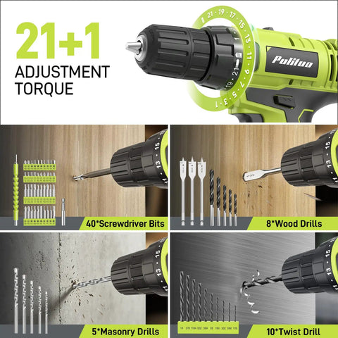 Smooth Operator 20V Cordless Drill Driver With 199 Piece Power Tool Set showing 21+1 adjustment torque and various drill bits.