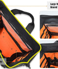 Interior view of the 46 Pocket 26 Inch Rolling Tool Bag On Wheels For Pros Large Capacity Tool Tote With Heavy Duty Wheels And Rugged Base HVAC Electrician Organizer Tool Bags For Men, showing bright orange lining and multiple pockets.