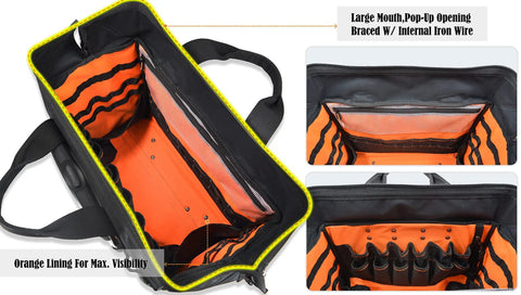 Interior view of the 46 Pocket 26 Inch Rolling Tool Bag On Wheels For Pros Large Capacity Tool Tote With Heavy Duty Wheels And Rugged Base HVAC Electrician Organizer Tool Bags For Men, showing bright orange lining and multiple pockets.
