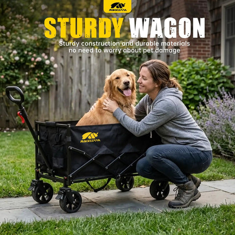 Person hugging a dog in a Foldable Dog Wagon Cart With Drop-Down Tailgate, Heavy Duty All-Terrain Wheels in a garden.