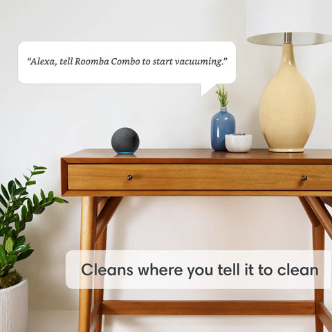 Roomba Combo I5 Plus Self Emptying Robot Vacuum And Mop With Clean By Room With Smart Mapping works with Alexa on a wood table