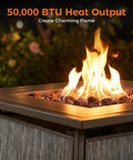 50,000 BTU Propane Fire Pit Table, 28 Inch Square, 2 In 1 Outdoor Fire Pit With Lid, Converts From Dining Table To Cozy Gas Fire Pit For Patio, Garden Or Backyard, Perfect For Fall Nights And Summer Evenings with flames.