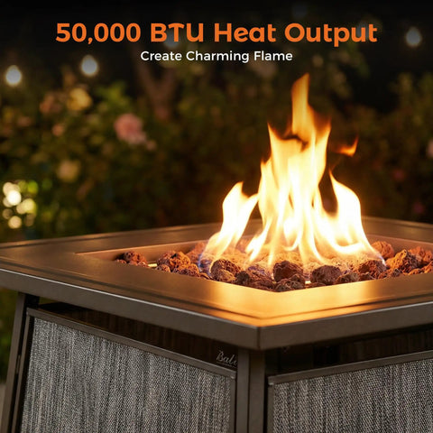 50,000 BTU Propane Fire Pit Table, 28 Inch Square, 2 In 1 Outdoor Fire Pit With Lid, Converts From Dining Table To Cozy Gas Fire Pit For Patio, Garden Or Backyard, Perfect For Fall Nights And Summer Evenings with flames.