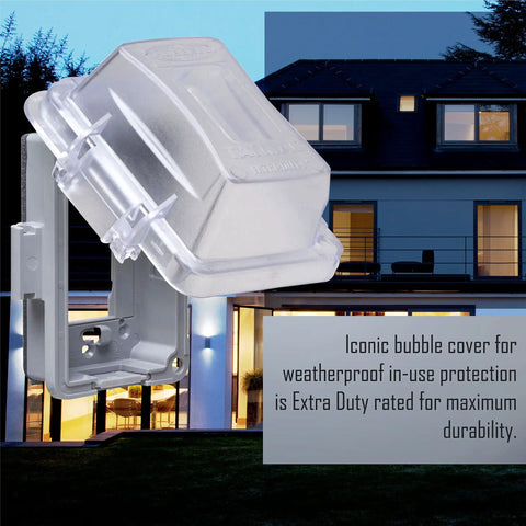 Extra Duty Weatherproof In-Use 1-Gang Outlet Cover For Outdoor Electrical Boxes Horizontal Or Vertical 16-In-1 Standard Nonmetallic Clear Cover 2.75-Inch Easy Install against a house background