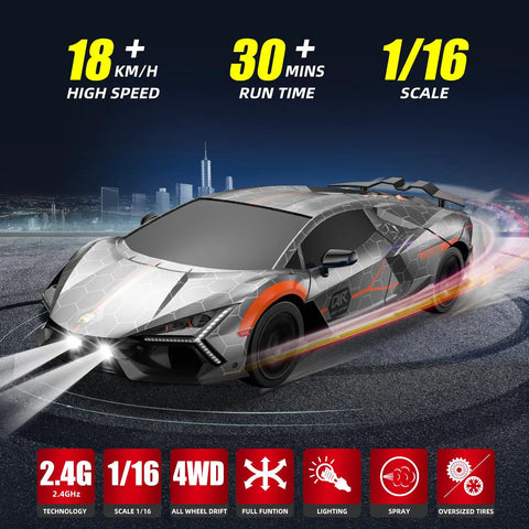 One Twenty Four Scale Four Wheel Drive RC Drift Car With Two Point Four GHz Remote Control Pro Drifting Tires LED Lights Durable PVC Shell Proportional Steering Top Speed Eighteen KMH Epic Gift For Kids Teens And Adults on track at night