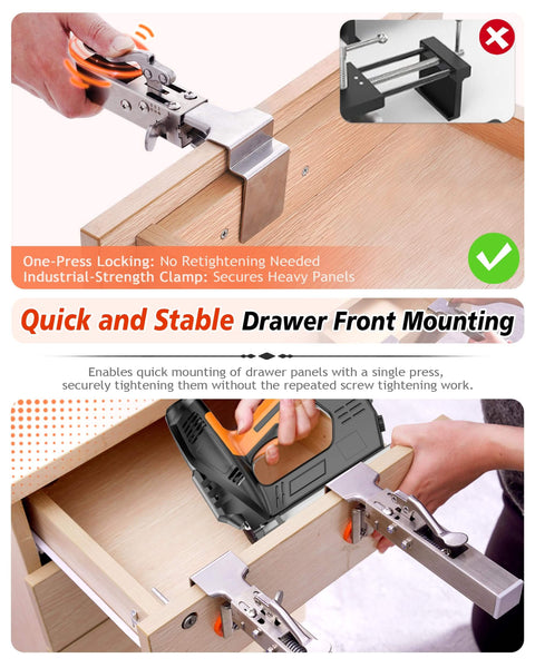 Drawer Fixing Clamps For Panel And Drawer Front Installation, Adjustable Cabinet Face Mounting Clips with Quick Release in use.