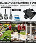 3 In 1 PVC Pipe Threader Kit With Dual Internal And External Threading Drill Powered Easy Cut Tool Set For 1/2 3/4 And 1 Inch Pipes with gloves and drill.