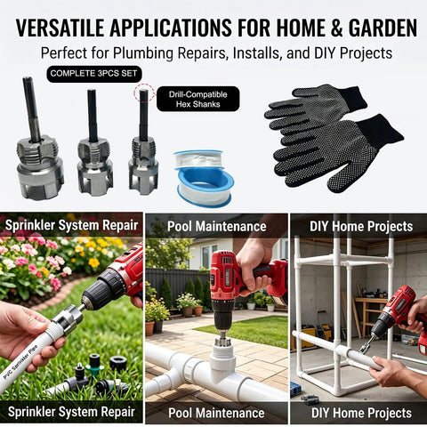 3 In 1 PVC Pipe Threader Kit With Dual Internal And External Threading Drill Powered Easy Cut Tool Set For 1/2 3/4 And 1 Inch Pipes with gloves and drill.