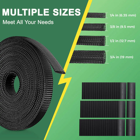 132 Ft Expandable Braided Cable Sleeve Kit With Four Size Set One Quarter Inch, Three Eighths Inch, One Half Inch, Three Quarters Inch PET Mesh