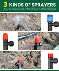 All-In-One Drip Irrigation Kit With Quick Connect Tubing For Garden, Easy Install showing 3 kinds of sprayers