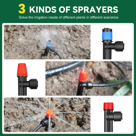 All-In-One Drip Irrigation Kit With Quick Connect Tubing For Garden, Easy Install showing 3 kinds of sprayers