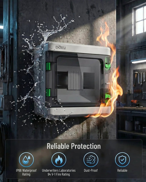 Beefy IP66 Weatherproof Circuit Breaker Box Built For Indoor And Outdoor Use, 8 Way Distribution Protection Power Panel, Dustproof Waterproof Electrical Box For Safe Home Or Job Site. Wall-mounted breaker box with clear window, water splash and fire graphic