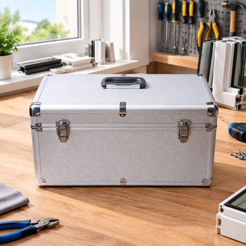Silver Metal Tool Case With Ergo Grip Carrying Handle And Reinforced Corner Guards Built Different For Reliability During Harsh Field Repairs And Gear Storage With Multiple Secure Locking Clasps To Keep Your Wrenches Safe, shown on a workbench.