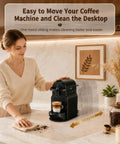 Woman using a sleek sliding mat for Inissia espresso machine with anti slip base and easy clean surface on kitchen countertop.