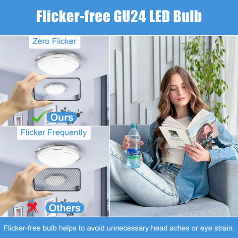 Ultra Bright 5000K Daylight GU24 LED Bulbs 9W 60W Equivalent 900 Lumens CRI 85 Plus A19 Shape shown with woman reading.