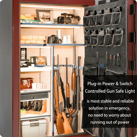 Under Cabinet LED Lights Kit With Six 12 Inch Bars Seamlessly Linkable Includes Adapter And Switch Ideal For Kitchen Cabinets Gun Safes Shelves And Display Cases 5000K Daylight 960 Lm High CRI 90 Plus Flicker Free Glare Free ETL Listed inside a gun safe with rifles and accessories