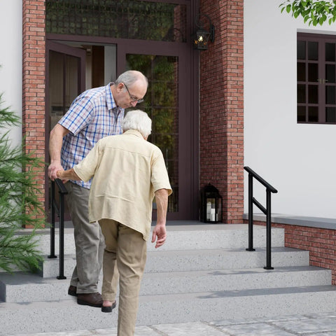 2 Pack Rock Solid Outdoor Step Handrails For Stairs, Adjustable Heavy Duty Steel Porch Railing assisting seniors up steps.