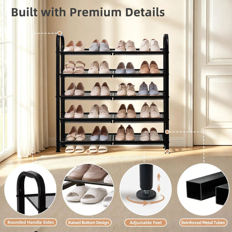 Sick Heavy Duty 5 Tier Metal Shoe Rack With Dense Mesh Shelves Holds All Your Kicks Solid Space Saving Entryway Footwear Organizer close up with shoes