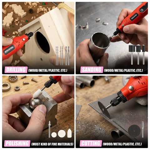 Kickass 618 Piece Rotary Tool Accessories Kit shows drilling, sanding, polishing, cutting on wood and metal with various bits.